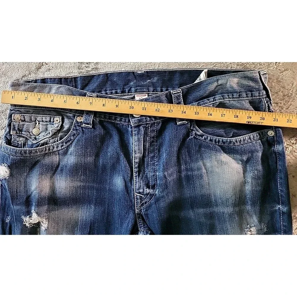 True Religion Jeans Men Size 40 Blue Distress Thick Stitch Flap Back Pockets